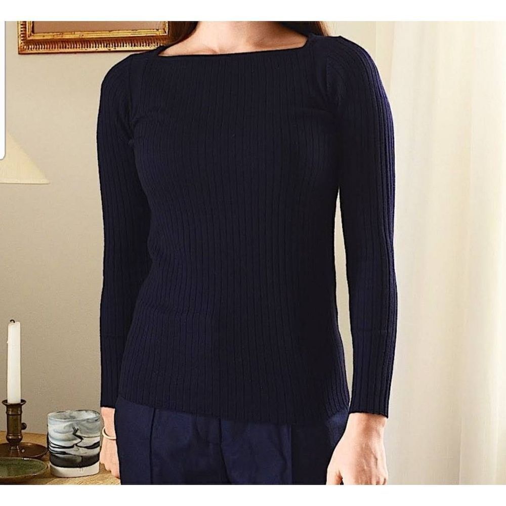 Everlane Navy Blue Luxe Ribbed Wool Boat Neck Sweater Size XS